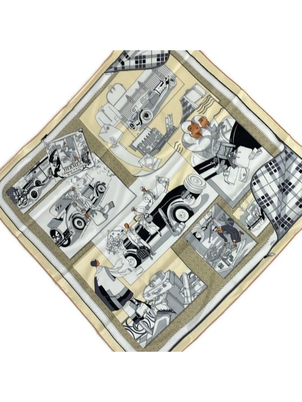 Hermes Scarf Carre 70 Ivory Black Multi Vintage Confort en Automobile